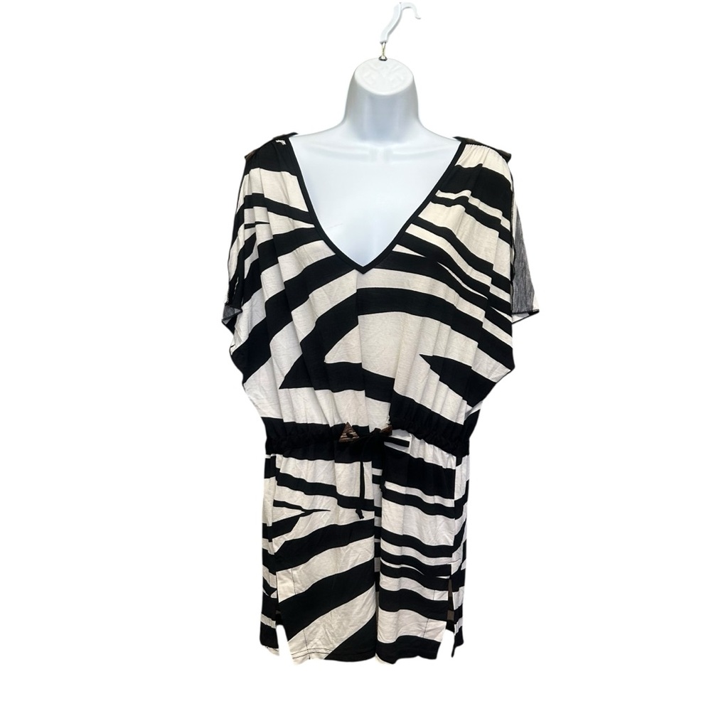Bali Black & White Zebra Stripe Beach Coverup Dress Tunic Drawstring Waist Size